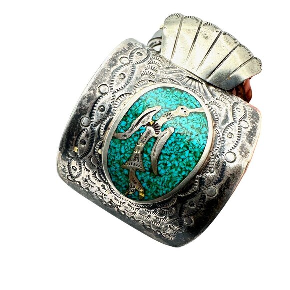 Native American Peyote Bird Inlay Turquoise Sterling Silver Watch Cuff 114 Grams - Picture 1 of 7